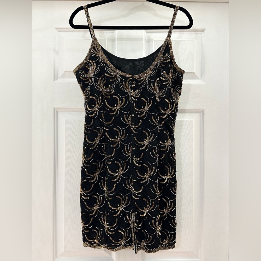Vintage Morningside Designer Collection sleeveless Sequin Mini dress Black Gold - Picture 6 of 7